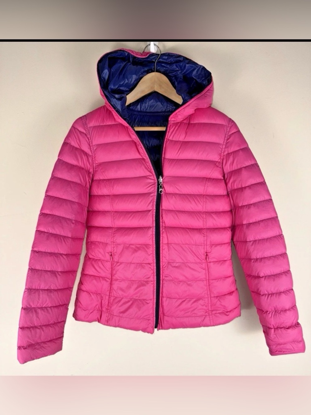 Nautica‎ Women's Reversible Hooded Down Puffer Jacket Pink/Navy Size M EUC SOFT